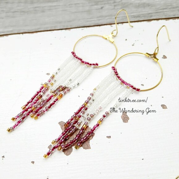 Boho Chic Seed Bead Fringe Cascade Tassel Hoop Dangle Earrings, Statement 4.5" - Picture 9 of 9